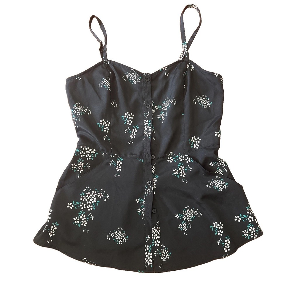 Love Squared Button Up Tank Top Jr Womens Small Y2K Floral Pockets Black Summer